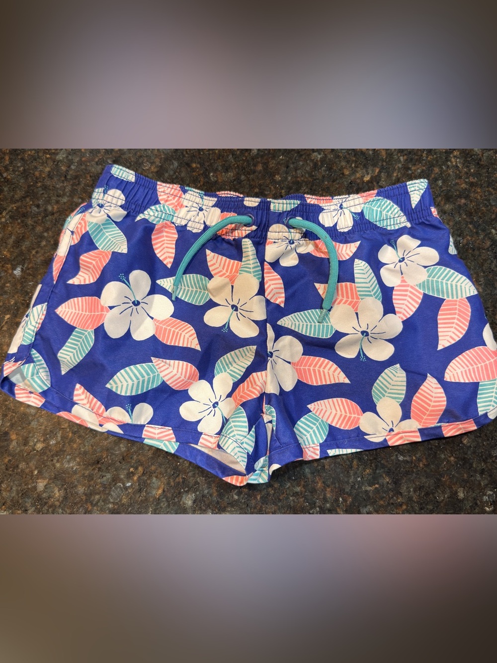 Gymboree Blue Floral Athletic Shorts with Coral & Teal Accents kids 10/12